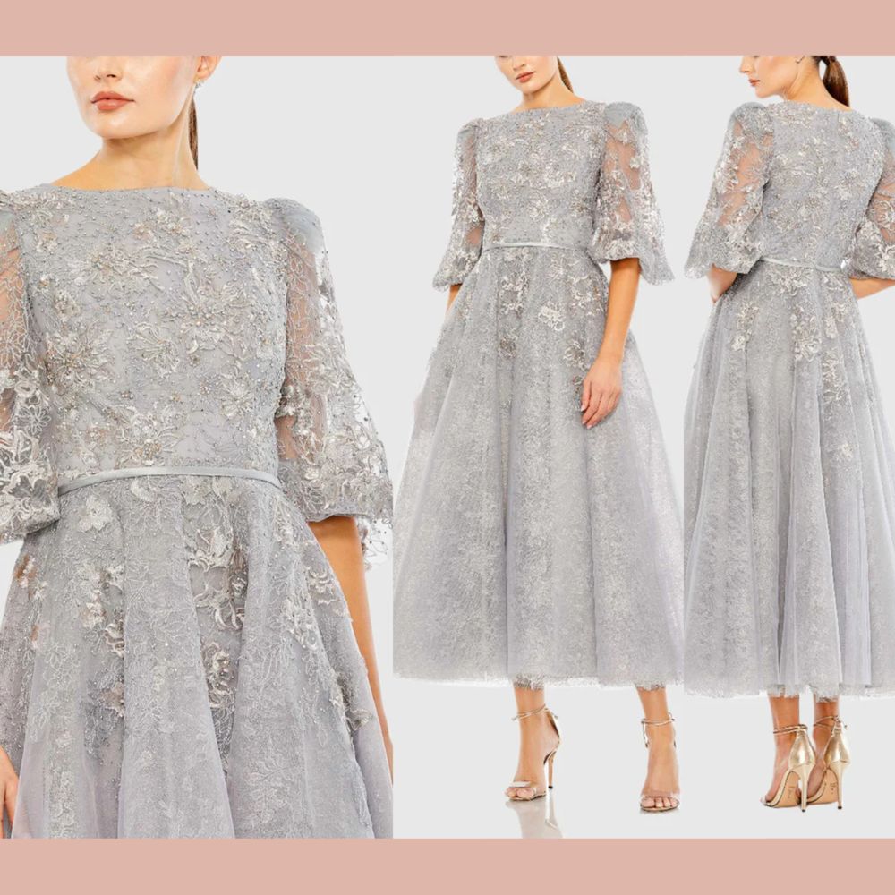 Nwt Mac Duggal [ 14 ] 20418 High Neck Puff Sleeve Embellished Gown Platinum